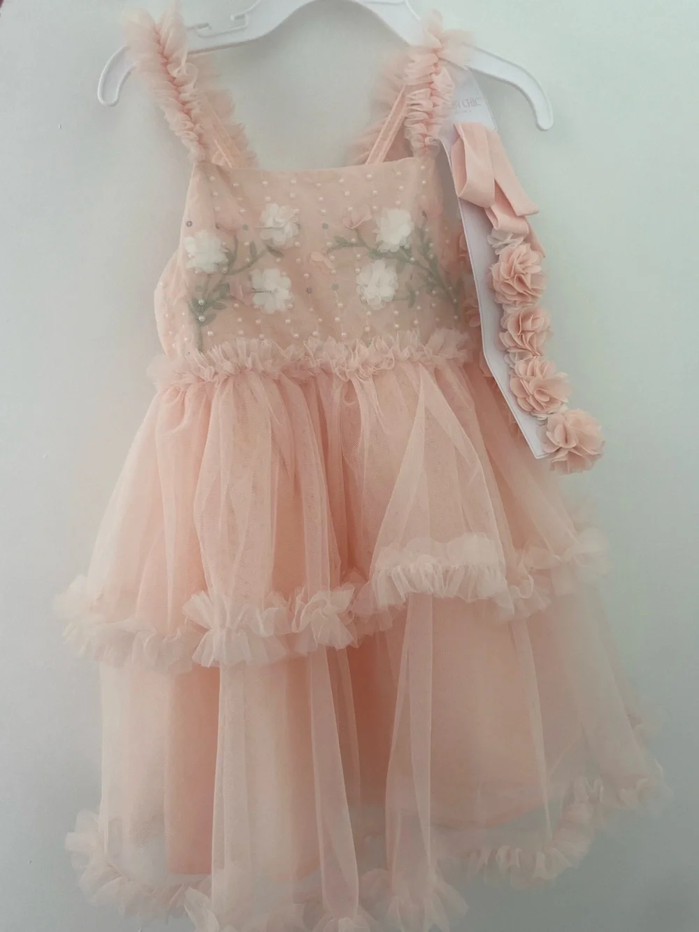 NWT Shabby Chic Blush Peach Tulle Princess Party Dress, Flowers Pearls Sequins